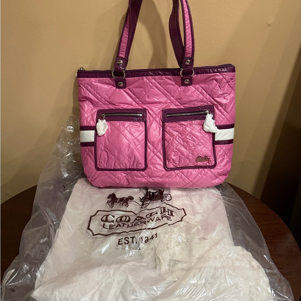 Coach Pink Quilted Tote with Purple Trim